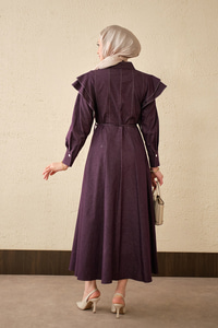 Dikiş Detay Omuz Büzgülü Kot Elbise Mor