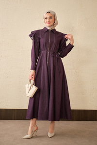 Dikiş Detay Omuz Büzgülü Kot Elbise Mor
