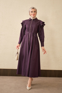 Dikiş Detay Omuz Büzgülü Kot Elbise Mor