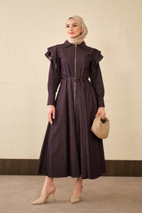 Dikiş Detay Omuz Büzgülü Kot Elbise Mürdüm