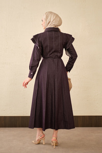 Dikiş Detay Omuz Büzgülü Kot Elbise Mürdüm