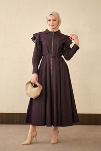 Dikiş Detay Omuz Büzgülü Kot Elbise Mürdüm