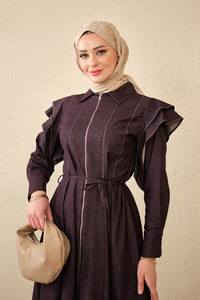 Dikiş Detay Omuz Büzgülü Kot Elbise Mürdüm