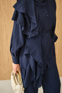 Dikiş Detay Volanlı Bel Bağlamalı Takım Lacivert