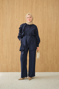 Dikiş Detay Volanlı Bel Bağlamalı Takım Lacivert