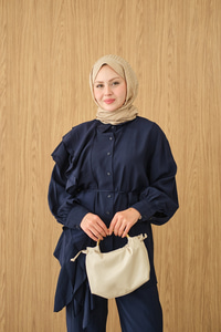 Dikiş Detay Volanlı Bel Bağlamalı Takım Lacivert