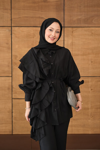 Dikiş Detay Volanlı Bel Bağlamalı Takım Siyah