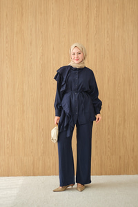 Dikiş Detay Volanlı Bel Bağlamalı Takım Lacivert