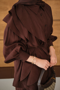 Dikiş Detay Volanlı Bel Bağlamalı Takım Kahverengi