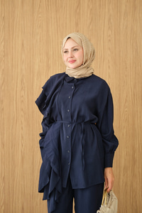 Dikiş Detay Volanlı Bel Bağlamalı Takım Lacivert