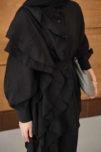 Dikiş Detay Volanlı Bel Bağlamalı Takım Siyah