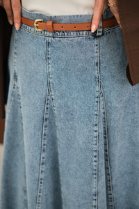 Dikiş Detay Yandan Fermuarlı Kot Etek Buz Mavi