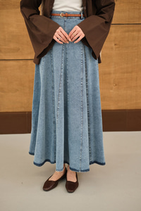 Dikiş Detay Yandan Fermuarlı Kot Etek Buz Mavi