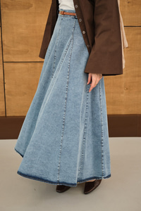 Dikiş Detay Yandan Fermuarlı Kot Etek Buz Mavi