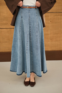 Dikiş Detay Yandan Fermuarlı Kot Etek Buz Mavi