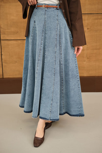 Dikiş Detay Yandan Fermuarlı Kot Etek Buz Mavi