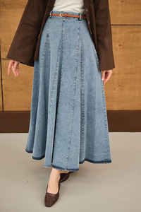 Dikiş Detay Yandan Fermuarlı Kot Etek Buz Mavi