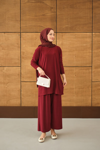 Dikiş Detay Yırtmaçlı Takım Bordo