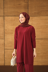 Dikiş Detay Yırtmaçlı Takım Bordo