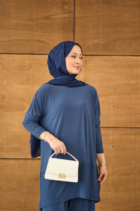 Dikiş Detay Yırtmaçlı Takım İndigo Mavi