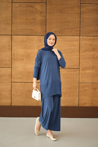 Dikiş Detay Yırtmaçlı Takım İndigo Mavi