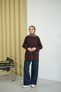 Dikiş Detaylı Bisiklet Yaka Sweat Kahverengi