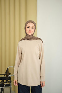 Dikiş Detaylı Bisiklet Yaka Sweat Krem