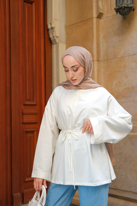 Dikiş Detaylı Yırtmaçlı Tunik Ekru