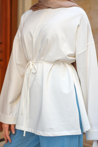 Dikiş Detaylı Yırtmaçlı Tunik Ekru