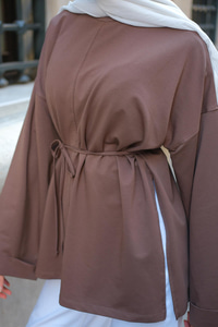 Dikiş Detaylı Yırtmaçlı Tunik Kahverengi