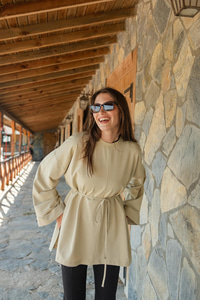 Dikiş Detaylı Yırtmaçlı Tunik Su Yeşil