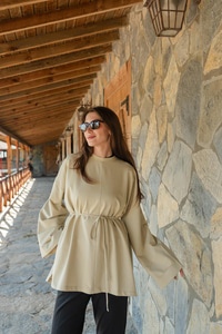 Dikiş Detaylı Yırtmaçlı Tunik Su Yeşil