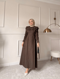 Dikiş İz Detay Pelerinli Kot Elbise Kahverengi