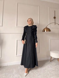 Dikiş İz Detay Pelerinli Kot Elbise Lacivert