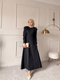 Dikiş İz Detay Pelerinli Kot Elbise Lacivert