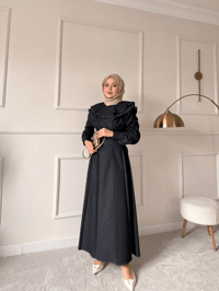 Dikiş İz Detay Pelerinli Kot Elbise Lacivert