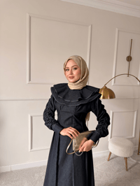 Dikiş İz Detay Pelerinli Kot Elbise Lacivert