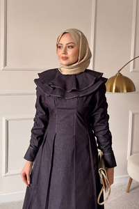 Dikiş İz Detay Pelerinli Kot Elbise Mürdüm