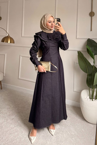 Dikiş İz Detay Pelerinli Kot Elbise Mürdüm