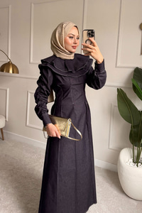 Dikiş İz Detay Pelerinli Kot Elbise Mürdüm