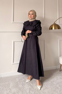 Dikiş İz Detay Pelerinli Kot Elbise Mürdüm