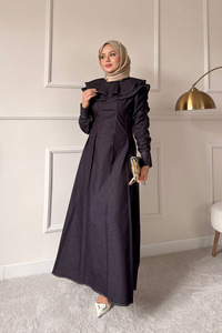 Dikiş İz Detay Pelerinli Kot Elbise Mürdüm