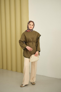 Dikişleri Deri Detay Ceket Haki Yeşil