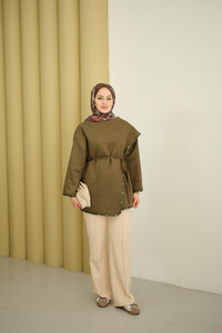 Dikişleri Deri Detay Ceket Haki Yeşil