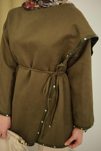 Dikişleri Deri Detay Ceket Haki Yeşil