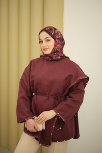 Dikişleri Deri Detay Ceket Mürdüm