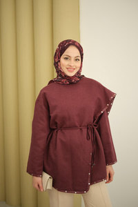 Dikişleri Deri Detay Ceket Mürdüm