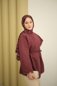 Dikişleri Deri Detay Ceket Mürdüm