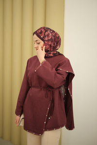 Dikişleri Deri Detay Ceket Mürdüm