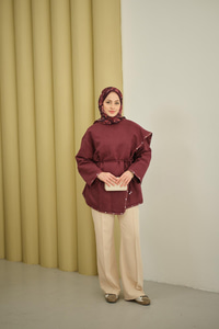 Dikişleri Deri Detay Ceket Mürdüm